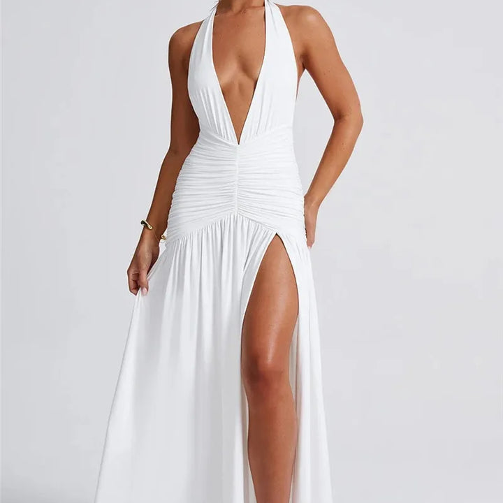 Zenit Halter Deep V-Neck Backless Maxi Dress