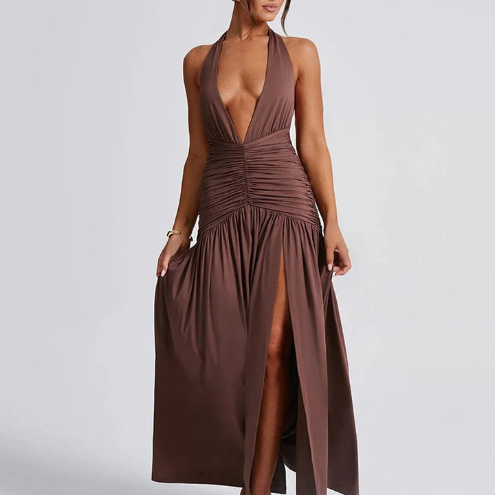 Zenit Halter Deep V-Neck Backless Maxi Dress