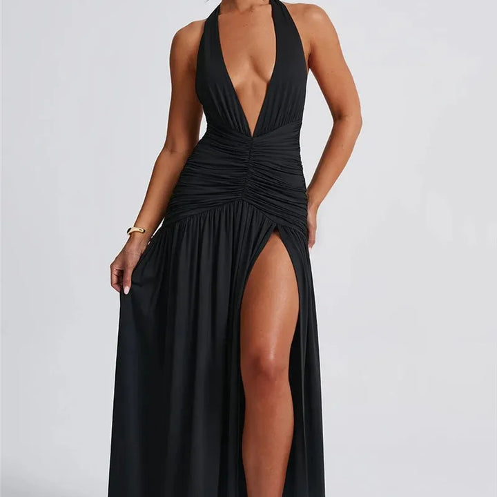 Zenit Halter Deep V-Neck Backless Maxi Dress