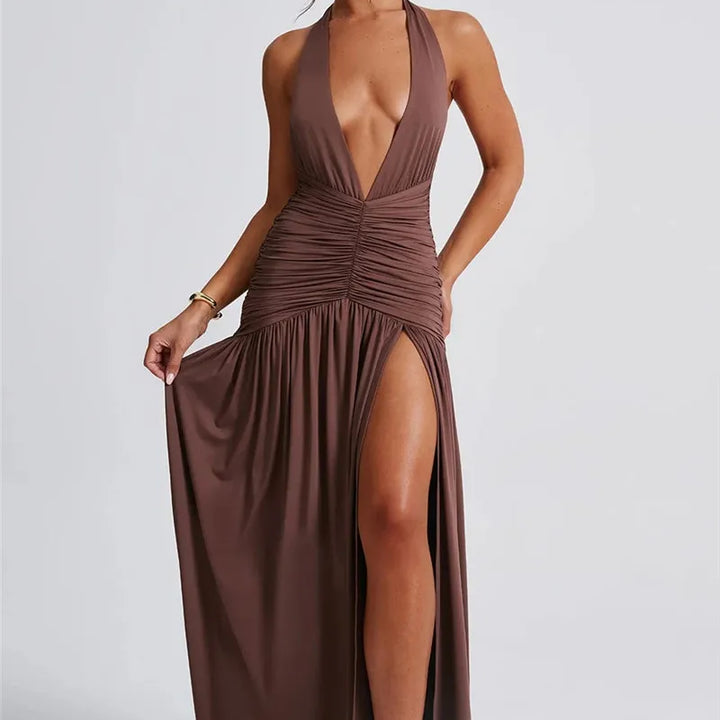 Zenit Halter Deep V-Neck Backless Maxi Dress