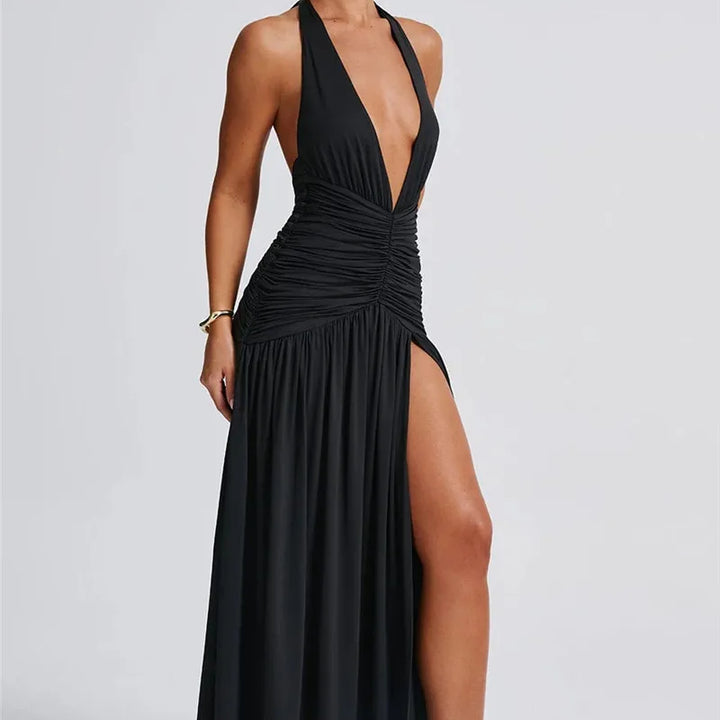 Zenit Halter Deep V-Neck Backless Maxi Dress