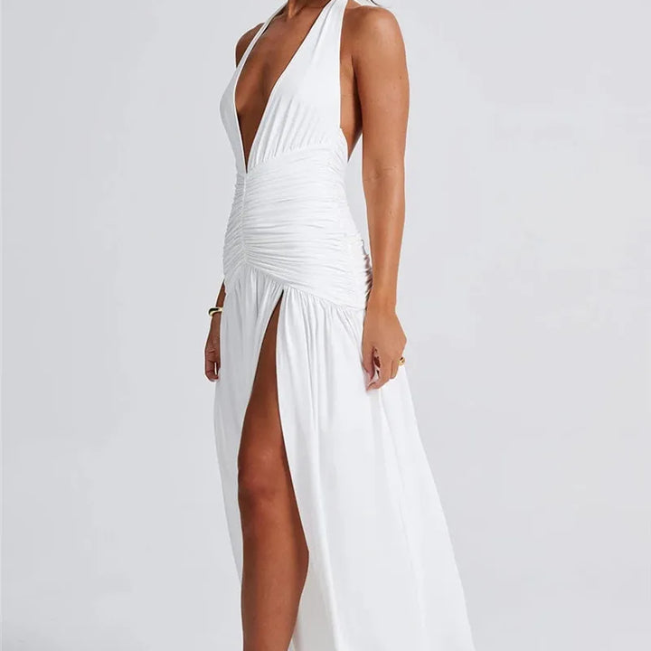 Zenit Halter Deep V-Neck Backless Maxi Dress