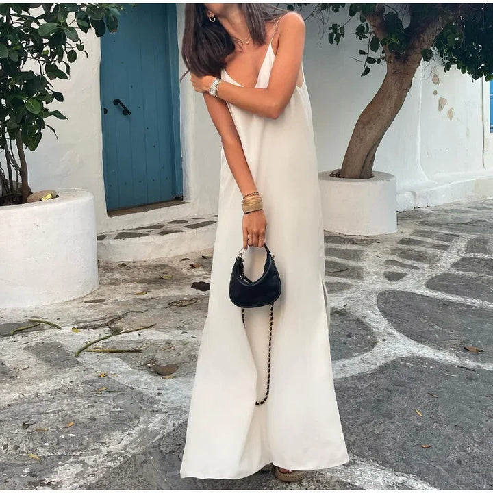 Zenit White V-Neck Slit Maxi Dress