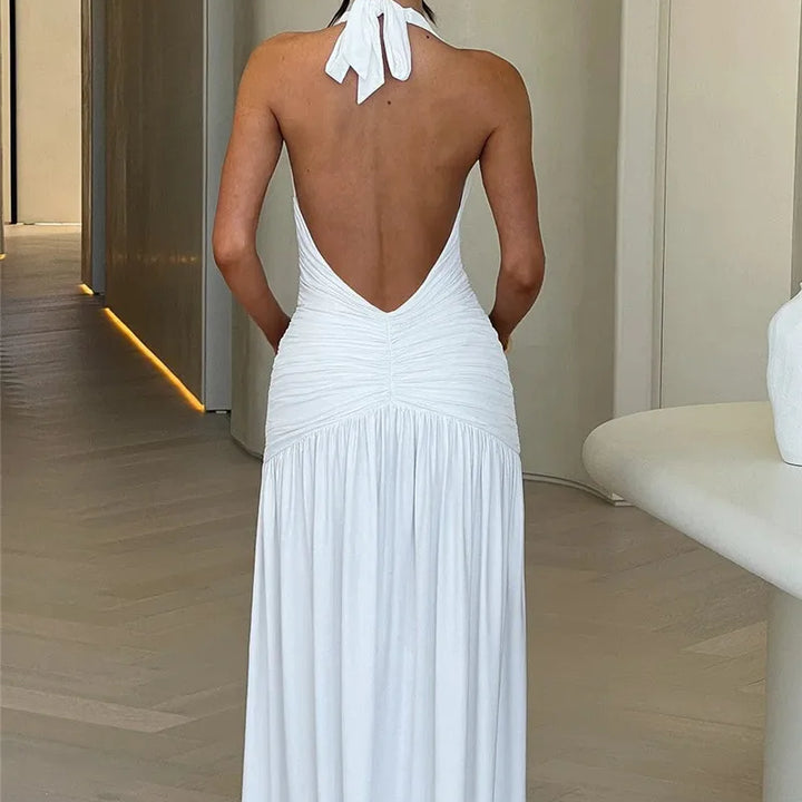 Zenit Halter Deep V-Neck Backless Maxi Dress