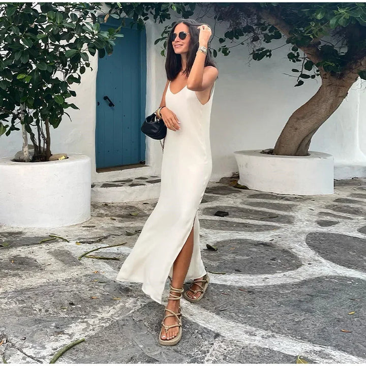 Zenit White V-Neck Slit Maxi Dress