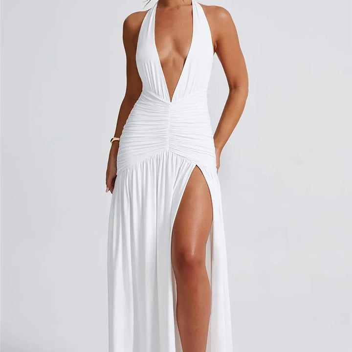 Zenit Halter Deep V-Neck Backless Maxi Dress