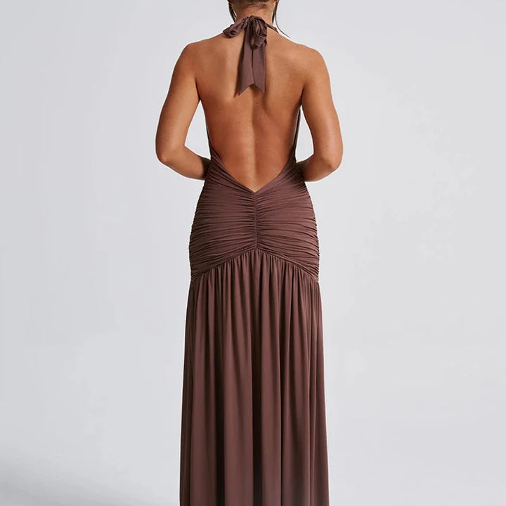 Zenit Halter Deep V-Neck Backless Maxi Dress