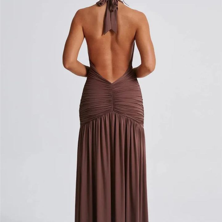 Zenit Halter Deep V-Neck Backless Maxi Dress