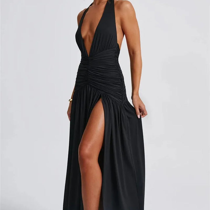 Zenit Halter Deep V-Neck Backless Maxi Dress