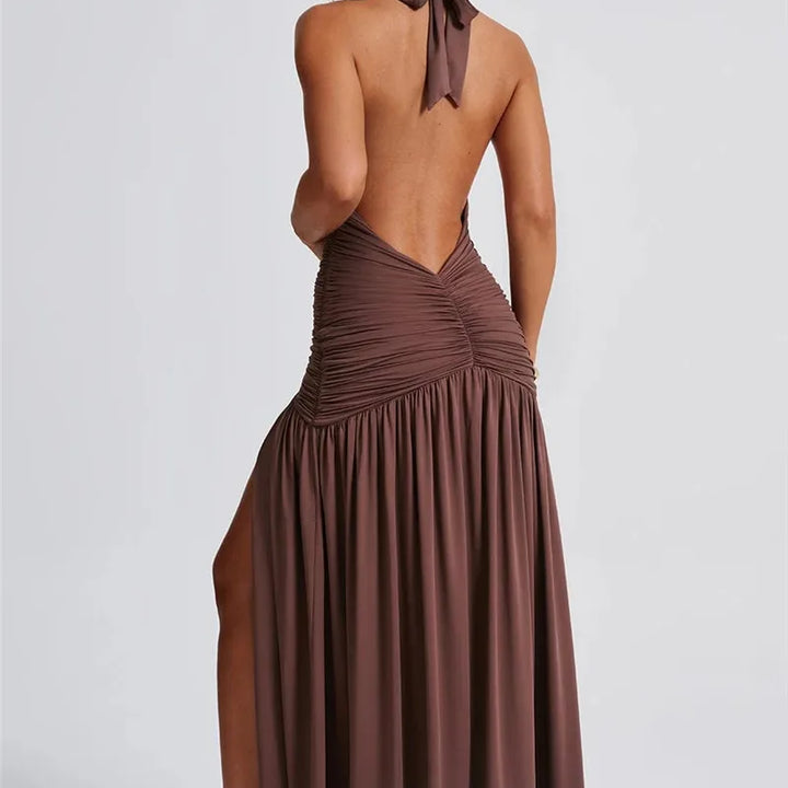 Zenit Halter Deep V-Neck Backless Maxi Dress