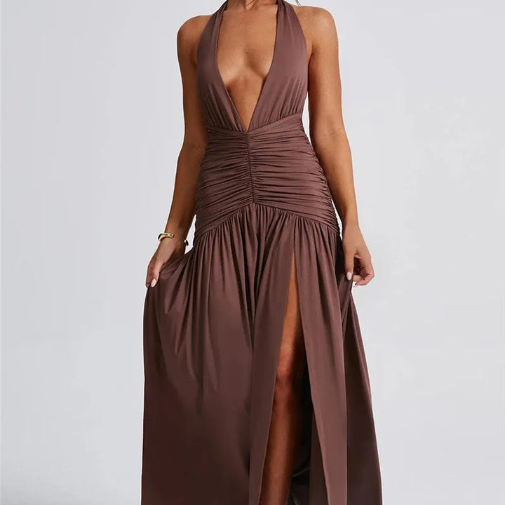 Zenit Halter Deep V-Neck Backless Maxi Dress