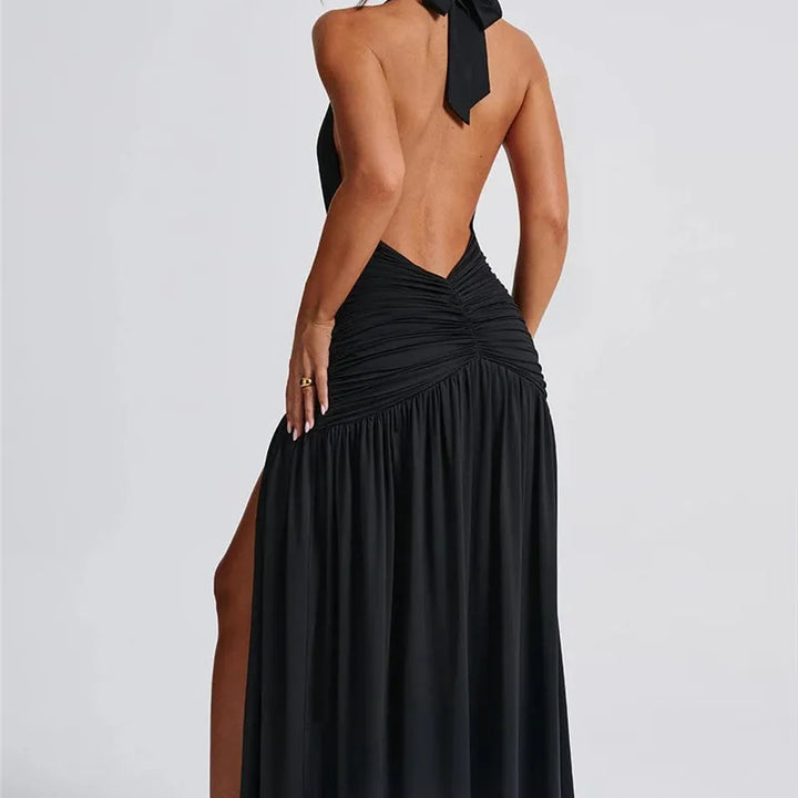 Zenit Halter Deep V-Neck Backless Maxi Dress