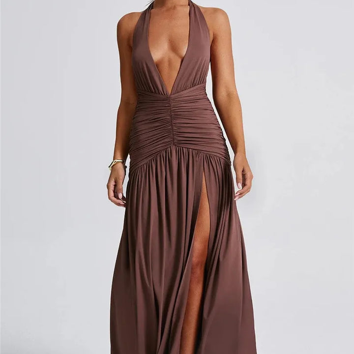 Zenit Halter Deep V-Neck Backless Maxi Dress