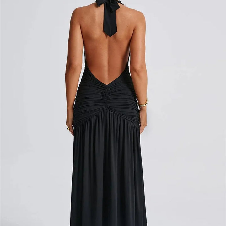 Zenit Halter Deep V-Neck Backless Maxi Dress